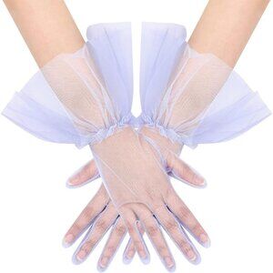Women's Short Lavender Tulle Mesh Puffy Ruffle Gloves Wedding Party Prom Costume